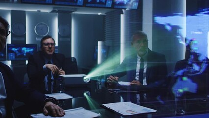 Poster - Executives Engage in a Meeting, Analyzing Global Data Projected Onto a Screen. Diverse Team Collaborates on Strategic Government World Trading and Import Logistics Transportation Service