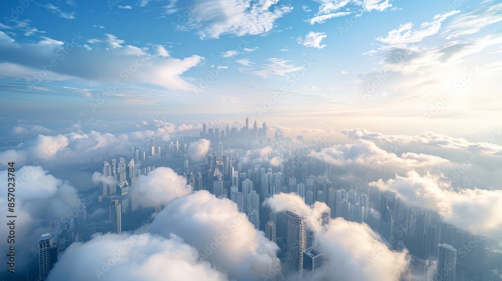Visualize a vibrant city skyline framed by a canopy of clouds, with ...