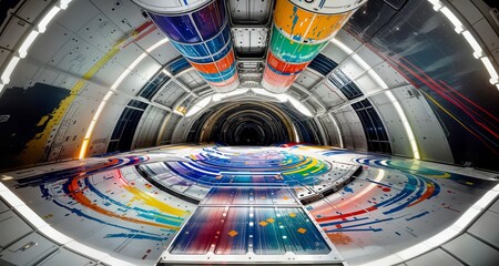 Poster - A tunnel with paint stains on the walls and ceiling, a futuristic corridor. Space