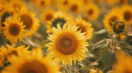 Wall Mural - Visualize a vibrant sunflower field stretching to the horizon, with towering stalks crowned by golden blooms turning their faces towards the sun, symbolizing resilience and optimism.