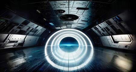 Poster - Futuristic room with circular light in the center and blue light in the middle of the room, science fiction, space art.
