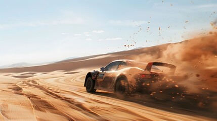 Rally racing car on dirt track, in the desert, extreme sport activities theme, created with generative ai