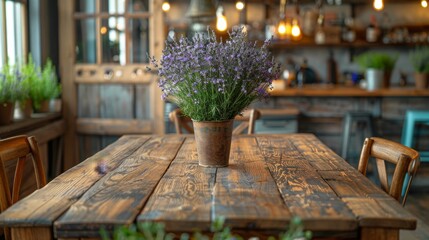 Wall Mural - french country dining room, cozy interior vibe with a wooden dining table, french country chairs, and a lavender bouquet for a rustic and inviting feel