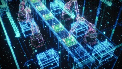 Poster - Autonomous Robotic Arms Efficiently Assemble Electronic Components on a High-tech Production Line, Computer Vision and AI-driven Manufacturing Processes in a Futuristic Factory. Zoom Out Cinematic
