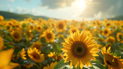 Sticker - Sunlit Sunflower Field with Blooming Flowers Under a Clear Sky During Golden Hour in Summer