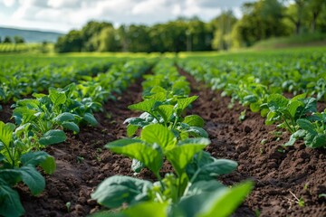 This image shows a lush green farm field with neatly arranged rows of crops under clear skies. The vibrant plants indicate a healthy, well-maintained agricultural environment.