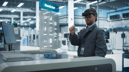 Fototapete - Male Engineer Uses Augmented Reality Headset to Interact With Complex 3D Holographic Model of Silicon Microchip in an Advanced Manufacturing Facility, Precision Engineering of PC Hardware in Factory