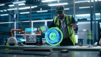 Fototapete - Male Engineer Uses an Augmented Reality Headset to Interact With 3D Holographic Model of Engine in a High-tech Factory, Showcasing Innovative Manufacturing Processes and Advanced Digital Visualization