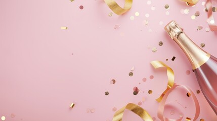 Champagne bottle and confetti on wide pink pastel background with copyspace, wallpaper flat lay for New Year's Eve, Christmas, wedding, birthday, gender reveal