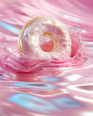 Wall Mural - Donut with white icing splashing into pink liquid. The surreal and vibrant scene creates a whimsical and modern dessert concept.