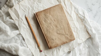 Canvas Print - Mockup of square book and pencil on textured white paper