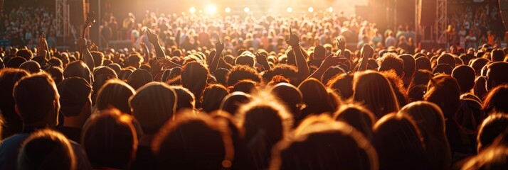 Wall Mural - A massive crowd of people stand in front of a brightly lit stage, enjoying an outdoor concert under a sunset sky