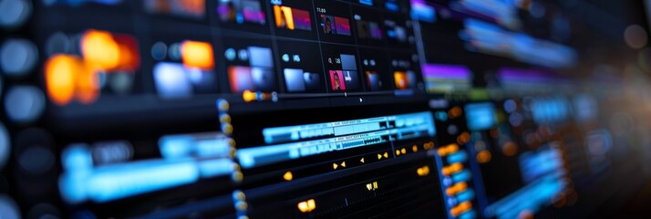 Wall Mural - A close-up photo of a computer screen showing a video editing timeline with multiple clips arranged and edited