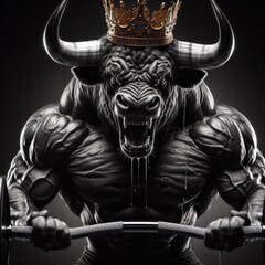 Wall Mural - Anthropomorphic bull with a muscular physique, wearing a crown and lifting a heavy barbell, showcasing strength and dominance. Concept of power, royalty, fitness, and determination.
