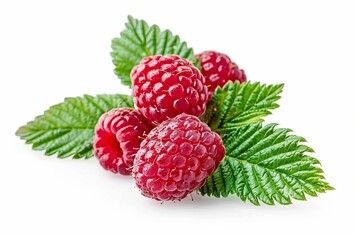Wall Mural - Raspberry with leaves isolated on white background, macro