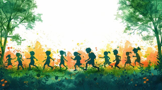 Vector art of a group of kids playing soccer in a park, colorful and lively.