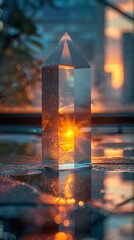 Wall Mural - A glass transparent prism on a wet surface captures the warm sunset glow against a cityscape backdrop.