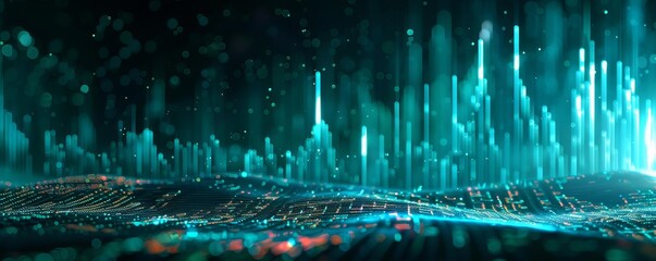 Poster - abstract futuristic digital landscape with neon blue and green lights, representing data and technol