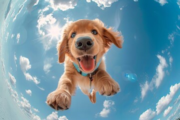 Wall Mural - High-definition photography, a light golden retriever puppy flying in the sky, with a happy expression