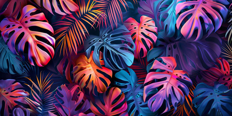 Wall Mural - An abstract natural background featuring a pattern of exotic leaves, particularly bright and colorful monstera leaves. This creative backdrop embodies the lushness of jungle fauna