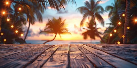 Sticker - Tropical Sunset with Wooden Deck and String Lights