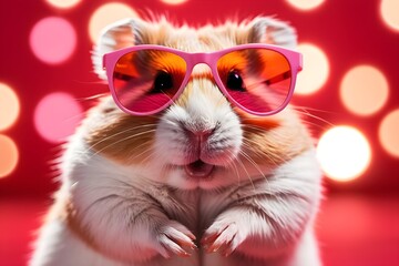 Funny hamster wearing pink glasses on a red background with bokeh lights