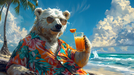 A polar bear wearing sunglasses and a tropical shirt sits on a beach with a cocktail in hand