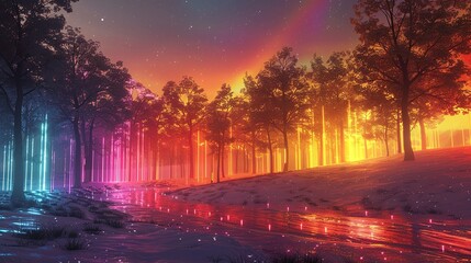 Geysers of liquid neon erupt from the ground, painting the landscape with vibrant streaks of color. Illustration, Minimalism,