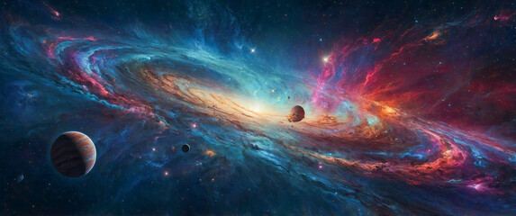 Wall Mural - A vibrant and captivating digital artwork depicting a celestial landscape with swirling galaxies, vibrant nebulas, and distant planets