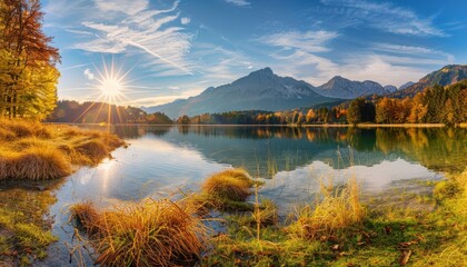 Wall Mural - Spectacular autumn sunset over hintersee lake on a sunny day, stunning high quality image