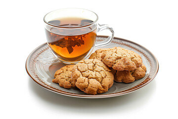 Wall Mural - Cookies and a cup of tee on a plate isolated on a white background. Created with Generative AI technology.