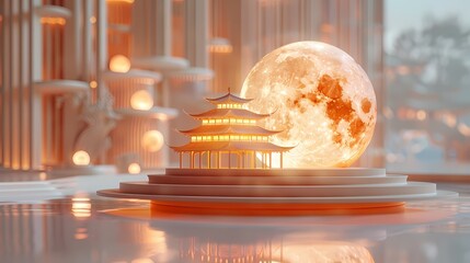 Wall Mural - Mid autumn festival traditional building and moon poster background