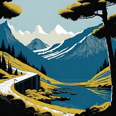 Wall Mural - Landscape with mountains illustration