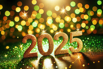 Poster - A close-up of gold glitter 2025 new years eve decorations on a green sparkly background