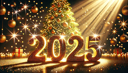 Poster - A festive image featuring a large golden 2025 set against a backdrop of a decorated Christmas tree, sparkling lights, and a bright, golden spotlight