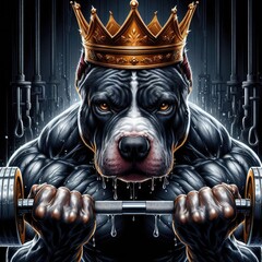 Wall Mural - Anthropomorphic muscular dog wearing a crown, gripping a barbell with intense focus in a gym setting, symbolizing power and determination. Concept of strength, royalty, fitness, and focus.
