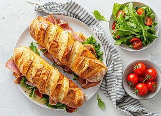 Wall Mural - Two Ham and Cheese Baguettes with Salad and Tomatoes