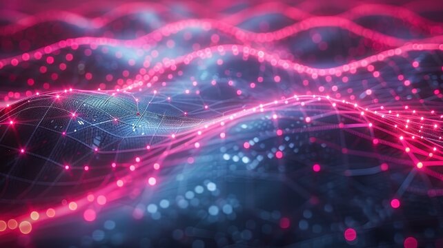 abstract digital waves with pink and blue lights, representing technology and data flow in a futuris