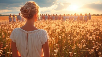 Poster - Serene Yoga Instructor Leading Outdoor Class at Golden Hour