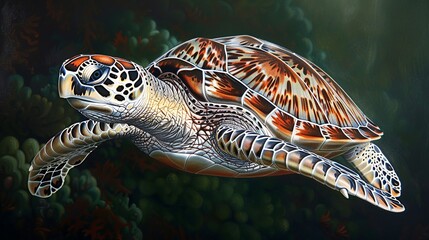 Wall Mural - A majestic sea turtle glides overhead, its graceful movements a testament to the beauty of the ocean. Illustration, Minimalism,