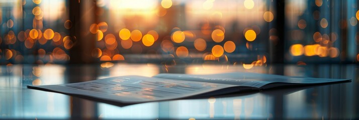 A financial report rests open on a sleek glass table in a boardroom, with a view of shimmering city lights reflecting in the window behind