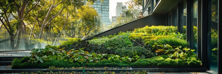 Wall Mural - A vibrant green roof installation on a city building features a diverse array of plants, showcasing the benefits of urban greening