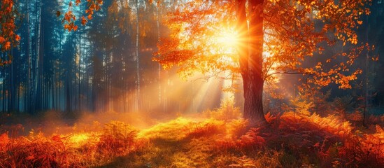 Wall Mural - Golden Rays Through Autumn Forest