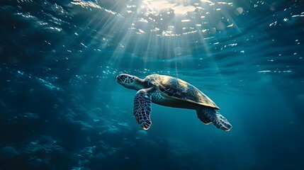 Wall Mural - A sea turtle swimming gracefully in the deep blue ocean, with sunlight filtering through the water creating beautiful light rays.