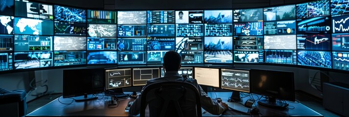 Wall Mural - A lone network operations specialist sits in a control room at night, overseeing system data displayed on a wall of monitors