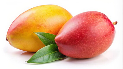 Wall Mural - A close-up image of two ripe mangoes with green leaves on a white background