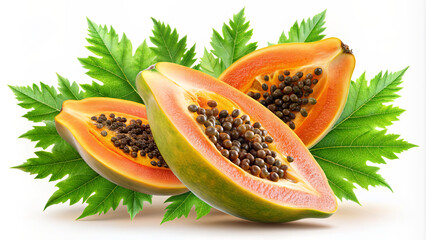 Wall Mural - A close-up image of three ripe papaya halves, cut open, showcasing the seeds and flesh, resting on green leaves against a white backdrop