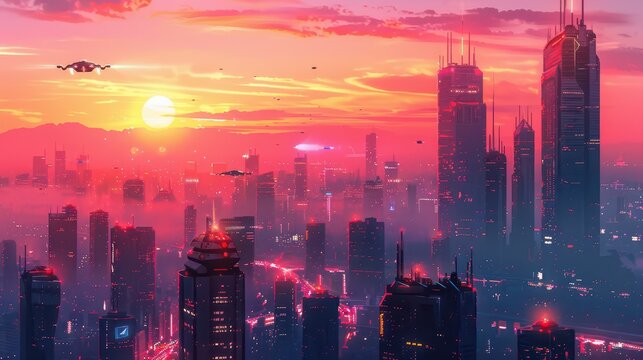 A futuristic cityscape at sunset with tall skyscrapers and flying cars, advanced technology details, illustration background