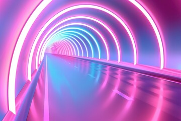 Wall Mural - Futuristic 3D glowing neon technology abstract scene with reflective floor, virtual cyber space, high-speed motion lines, ideal for mock-up.