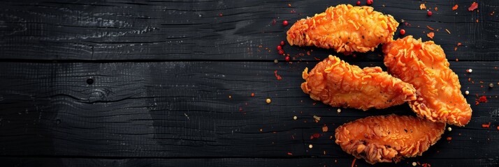 Wall Mural - Four crispy chicken tenders on a black wooden background with copy space